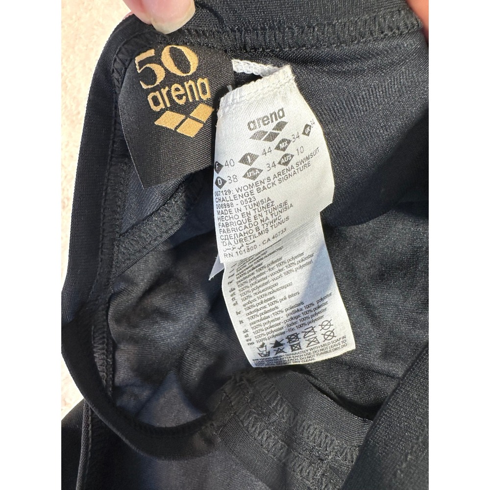 Arena Swimsuit Women's 34 Signature Challenge Back Black athletic one piece gold - Picture 3 of 8